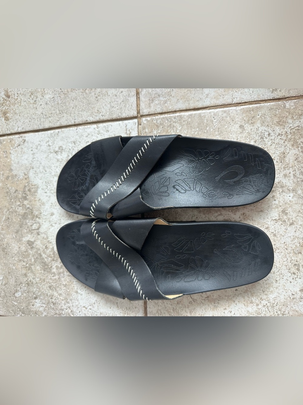 Olukai Black Slide Sandals with Contrast Stitching